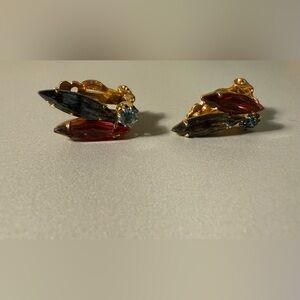 Vintage Pink/Smoky Gray/Aqua Blue Rhinestone Clip Earring